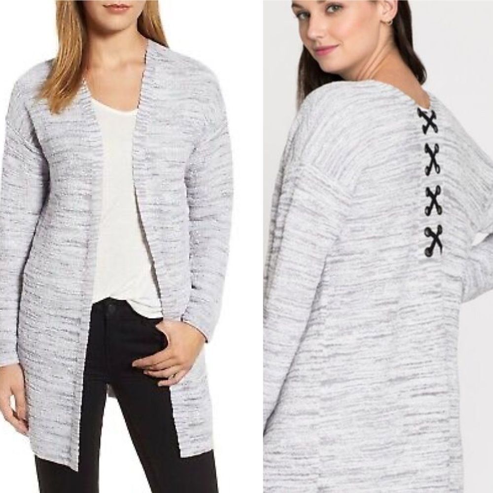 NIC + ZOE Lace It Back Cardigan Sweater Womens Medium M Gray Boucle Knit Long